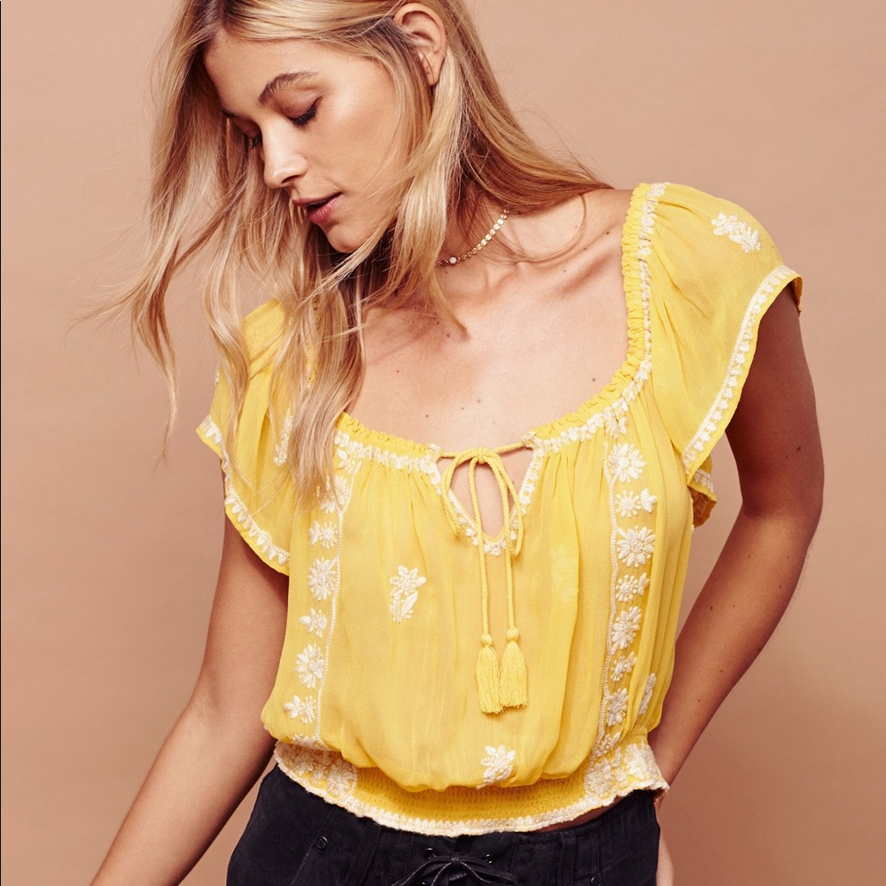 Free People Embroidered Peasant Top- Yellow